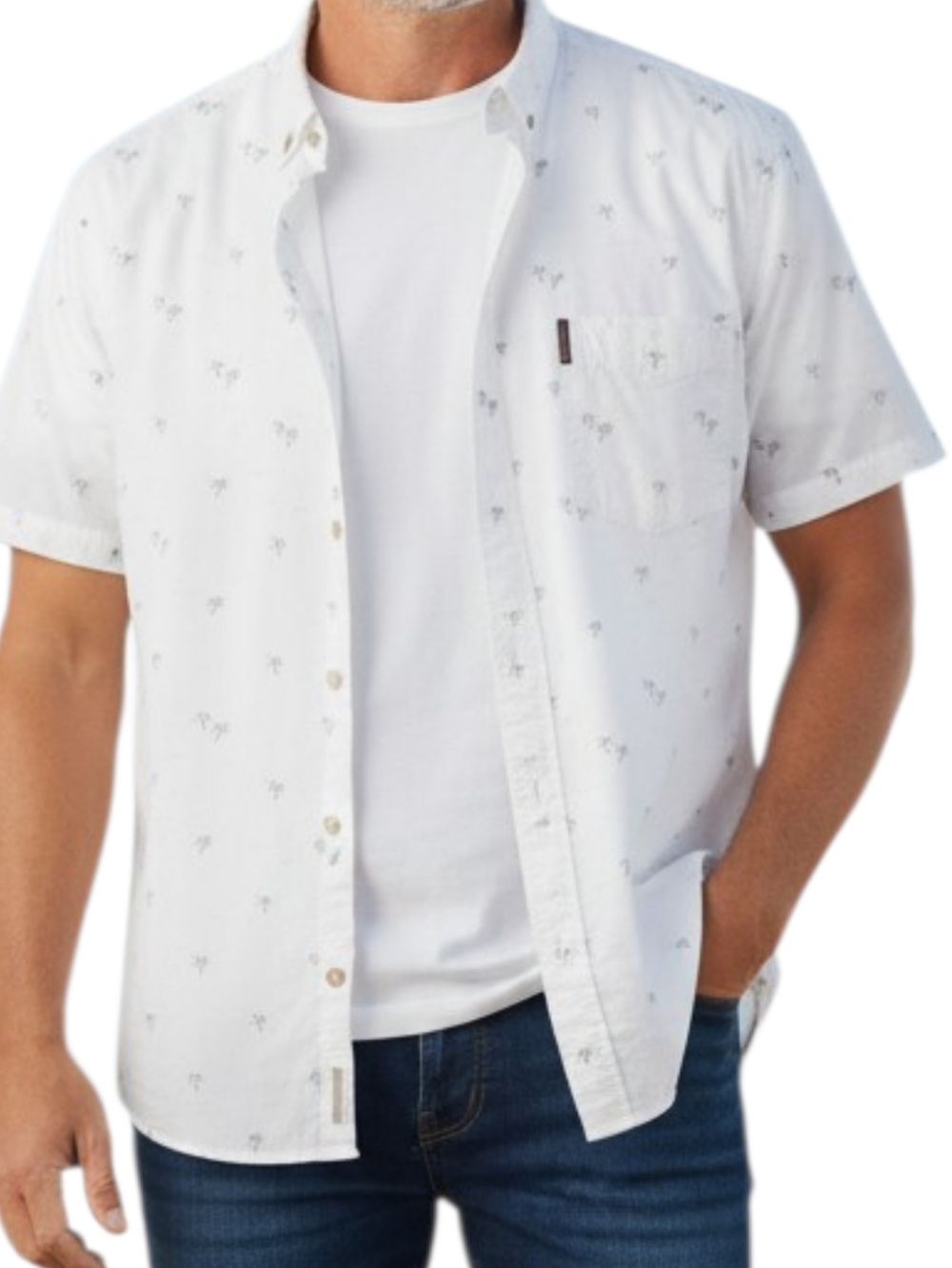 Ben Sherman White Short-Sleeve Button-Down Shirt with Mini Palm Print